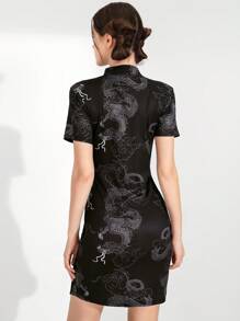 SHEIN Explorewe Y2K Cheongsam Retro Stand Collar Dragon Print Dress For Teenage Girls, Waist Cinched Slim-Fit Side Slit Skirt - Black - View 2