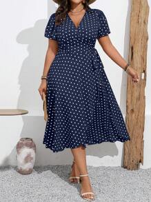Elenzga Robe d'été casual à manches courtes volantées, col en V chevauchant, à pois, pour femmes grande taille