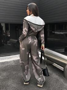 2 件套女式迷彩印花长袖拉链连帽衫和抽绳腰裤，休闲秋季服装 - 軍綠色 - 查看 2