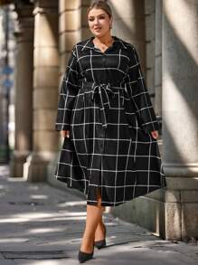 SHEIN Clasi Plus Size Black & White Plaid Button Down Shirt Dress With Self-Tie Waist Belt, A-Line Pockets, Elegant Simple Versatile Casual Midi Dress - Black and White - View 7