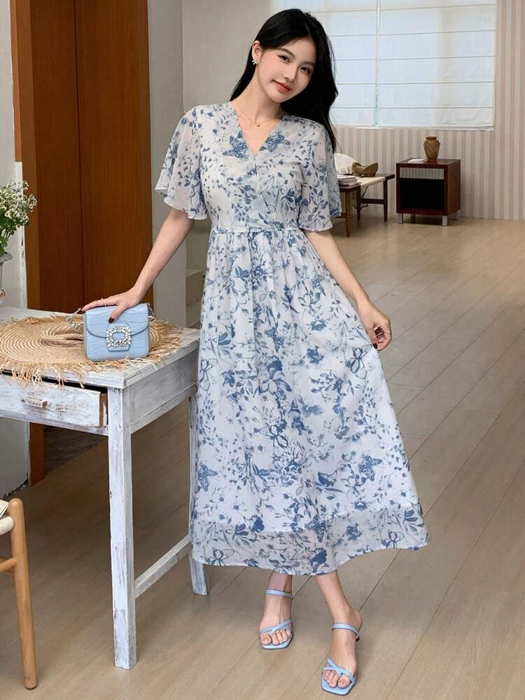 Women's Ditsy Floral Mid-Length Vacation Dress, Spring/Summer Sundress Easter