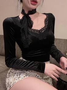 DAZY 女士修身蕾丝拼布T恤，春夏新品，秋季女装