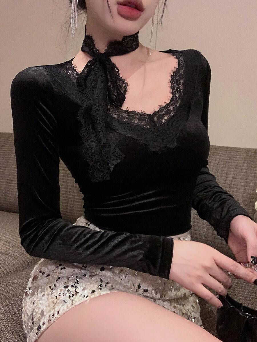 DAZY 女士修身蕾丝拼布T恤，春夏新品，秋季女装