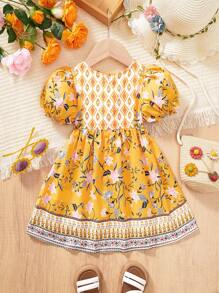 SHEIN Leap Crew Vestido de Verão com Estampa Floral para Meninas Bebê - Amarelo - Visão 2