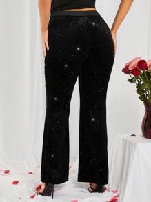 SHEIN SXY Pantalones negros con corazón de terciopelo de talle medio para mujer de talla grande, adecuados para uso diario, vacaciones, playa, fiestas, citas, cumpleaños, despedidas de soltera, fiestas, baile, citas de pareja, elegantes, casuales, compras, ropa de calle, al aire libre, coquetos, fáciles de combinar y estilizadores, que resaltan la figura