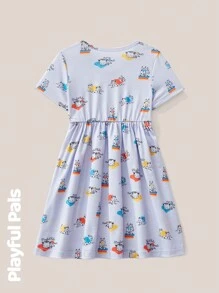 SHEIN 1 件女童复古猫和书印花交叉领高腰弹力休闲连衣裙，紫色 - 淡紫色 - 查看 2