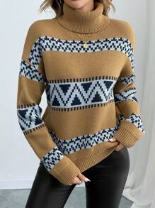 SHEIN LUNE Women High Neck Fashionable Jacquard Versatile Pullover Knit Sweater, Autumn/Winter Knit Pullover Fall Outfit