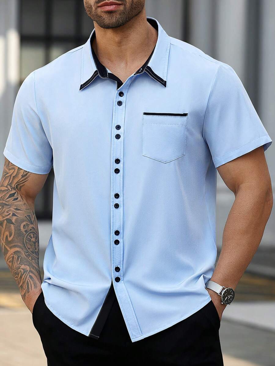 Manfinity Homme Plus Size Men's Colorblock Short Sleeve Single-Breasted Pocket Casual Shirt - Blue - View 1
