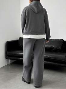 INAWLY Plus Size Women 2pcs Set Casual Loose Solid Color Drop Shoulder Long Sleeve Hoodie Sweatshirt And Pants, Autumn - Dark Grey - View 2