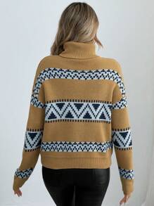 SHEIN LUNE Women High Neck Fashionable Jacquard Versatile Pullover Knit Sweater, Autumn/Winter Knit Pullover Fall Outfit