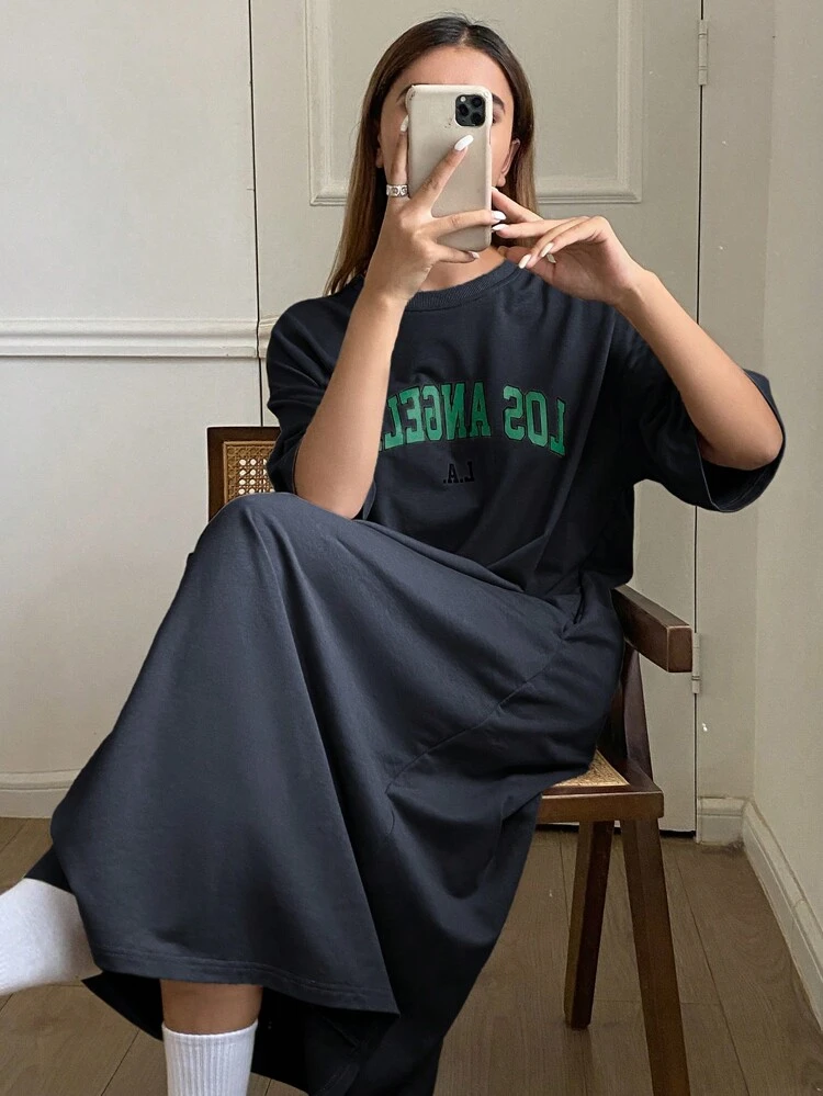 Letter Graphic Decor Loose Fit Casual Dress, Moo Moo Pajama