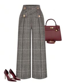 Celure Plus Size Women Elegant Commuting Wide Leg Pants, Thick Checked Tweed