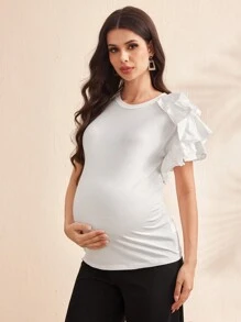 SHEIN 孕妇优雅纯色荷叶边装饰修身 T 恤 - 白色 - 查看 6