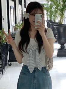 DAZY 女士圆领短袖条纹系带T恤（白色），春夏可爱上衣 - 白色 - 查看 2