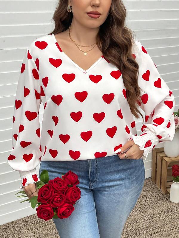 SHEIN LUNE 1 Stück Oversize V-Ausschnitt Herz-Muster Langarm Lässig Hemd, minimalistisch und modisch für den täglichen Gebrauch, Valentinstag, Sommeroutfits für Frauen, Sommerkleidung, Frühlingsoutfits für Frauen, Boho Old Money