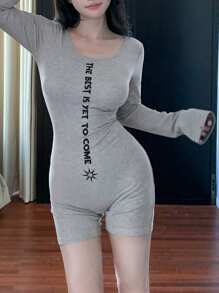 DAZY Sexy Short Long Sleeve Fitted Women Jumpsuit Sleepwear Pajama - Grey - View 6