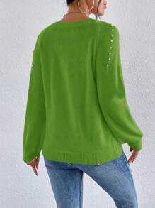 SHEIN Unity Women Casual Beaded Raglan Sleeve Sweater, Autumn/Winter Knit Pullover Fall Sweater - Green - View 2