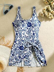 Swim Lushoire Set de 2 trajes de baño de una pieza casuales con estampado floral para mujer, estilo de traje de baño de verano