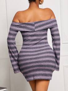 SHEIN SXY 1 chiếc váy ngắn hở vai kẻ sọc dài tay tối giản bó sát, mặc thường ngày, váy hở vai - Hồng - Xem 2