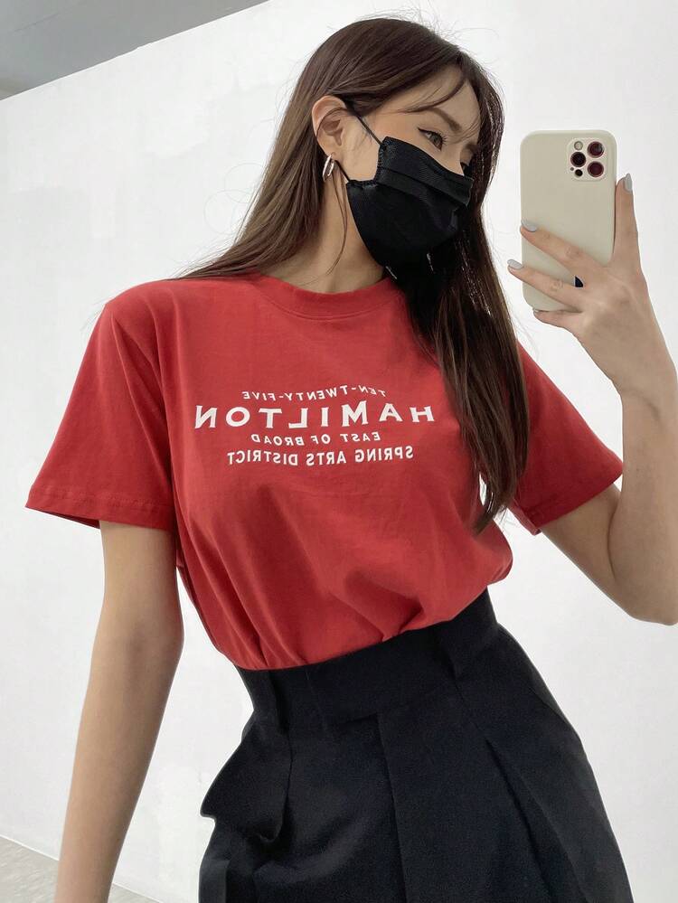 Women's Letter Print Round Neck Short Sleeve Basic T-Shirt, Spring/Summer,Graphic Tees