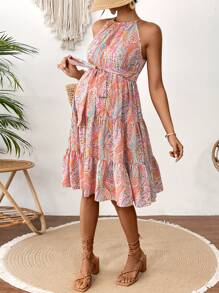 SHEIN Vestido casual corto de cuello de halter con estampado de paisley para embarazadas para la primavera - Rosa - Ver 4