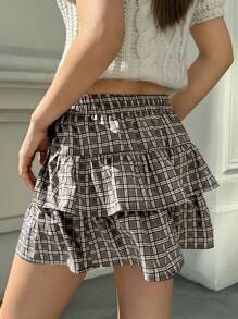 Jouncy Women's Plaid Elastic Waist Casual Skirt, Daily Wear - Khaki - View 2