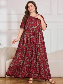 Lacomfia 休闲花卉印花圆领短袖宽松常规大码连衣裙，春夏 - 彩色 - 查看 6