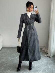 Elenzga Abrigo largo abotonado con cuello solapa y estampado de rayas blancas y grises para mujer - Gris - Ver 1