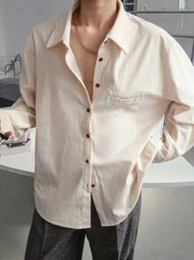 Dazy-Less Áo sơ mi dài tay dáng rộng màu trơn thiết kế tối giản, có túi dành cho nữ, trang phục công sở thường ngày cho nữ mùa thu - Màu be - Xem 7