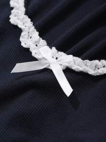 DAZY Women's Lace Patchwork Bowknot Short Sleeve T-Shirt,Crop Tops Women - Navy Blue - View 7