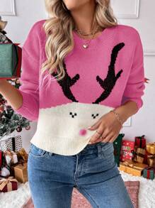 Chiquease Christmas Pattern Round Neck Drop Shoulder Long Sleeve Knit Sweater Knit Pullover Fall Winter Sweater - Multicolor - View 6