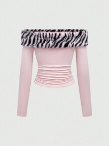 ROMWE J-Fashion Shibuya Subculture 人造毛皮斑马纹拼布针织修身水钻装饰女式上衣，情人节 - 淺粉色 - 查看 2