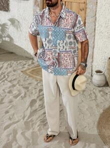 ResortEase Plus Size Men's Bohemian Style Short Sleeve Shirt And Pants Set