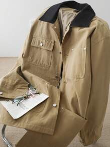 Dazy-Less Contrast Color Block Loose Minimalist Big Pocket Utility Style Regular Fit Women Trench Coat,Fall Clothes Women Jacket - Khaki - View 10