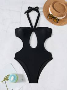 Swim SXY 女士纯色性感吊带露背系带连体泳衣，黑色夏季