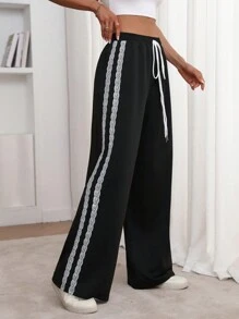 撞色蕾丝拼接直筒休闲运动裤 - 黑色 - 查看 4
