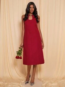 COSMINA Women's Solid Color Hollow Sleeveless Fashionable Elegant Mid-Length Dress - Red - View 1