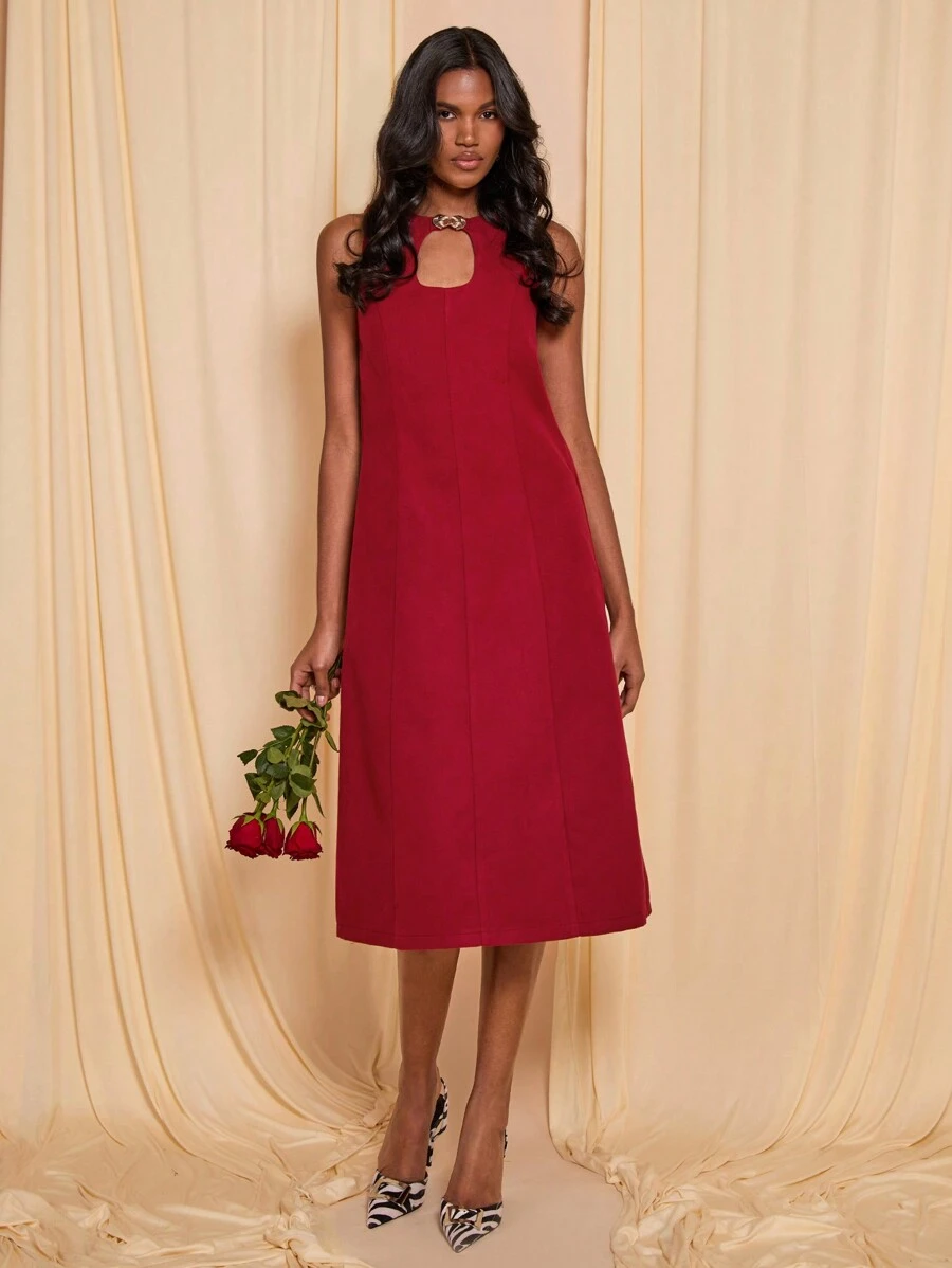 COSMINA Women's Solid Color Hollow Sleeveless Fashionable Elegant Mid-Length Dress - Red - View 1