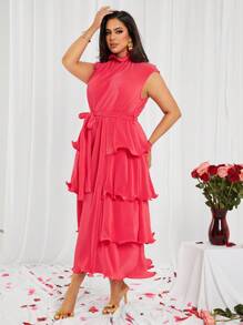 SHEIN SXY Vestido de línea A de talla grande con cuello alto, volantes y encaje en color rojo rosa para el Día de San Valentín, apropiado para uso diario, vacaciones, playa, cita, fiesta de cumpleaños, fiesta de despedida de soltera, fiesta, baile, cita en pareja, elegante, casual, compras, uso diario, al aire libre, coqueto, fácil de combinar y estiliza la figura.
