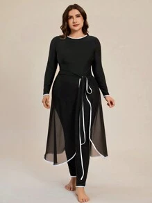3pcs/Set Plus Size Contrast Binding Long Sleeve Top, Pants And Cover-Up Skirt, For Summer Beach Vacation