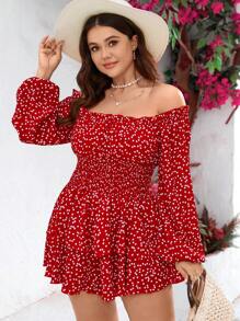 SHEIN VCAY Plus Size Romantic Red Heart Print Ruffle Long Sleeve Cinched Waist Jumpsuit With Double Ruffle Hem, For Valentine's Day - Red and White - View 3