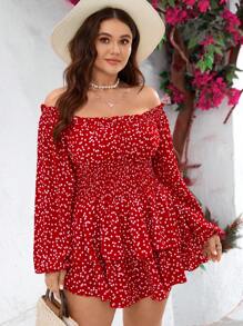 SHEIN VCAY Plus Size Romantic Red Heart Print Ruffle Long Sleeve Cinched Waist Jumpsuit With Double Ruffle Hem, For Valentine's Day - Red and White - View 5