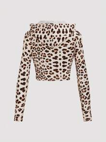 Flirla Plus Size Women Leopard Print Long Sleeve Zip-Up Hooded Jacket And Flared Pants 2 Pieces Set