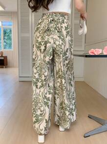 DAZY Women's Full-Flower Waist Tie Long Pants With Slit And Pleats, Flared Leg,Teacher Pants - Green - View 2