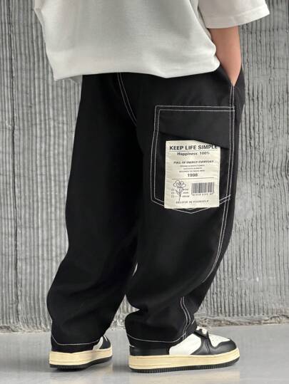 SHEIN 1pc Young Boys Casual Street Style Loose Solid Color Contrast Drawstring Waist Pocket Straight Leg Pants, Versatile Bottoms Suitable For School, Birthday Parties, Performances, Weddings, Baptisms, School Openings, Daily Wear, Spring And Summer