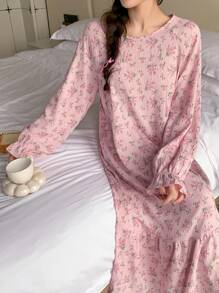 DAZY Women's Loose Ditsy Floral Raglan Sleeve Ruffle Trim Spring Nightgown Pajama - Pink - View 4