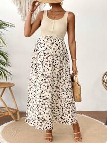 SHEIN Maternity Solid Color Splice Front Button Pocket Casual Dress - Apricot - View 6