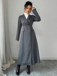 Elenzga Abrigo largo abotonado con cuello solapa y estampado de rayas blancas y grises para mujer - Gris - Ver 5