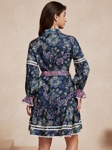 Almamuse Vestido ajustado de manga larga con estampado floral y volantes en el dobladillo para mujer - Azul - Ver 2