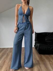 Chiquease Conjunto sexi de mujer con camiseta de halter con textura y pliegues, y pantalones anchos de pierna ancha